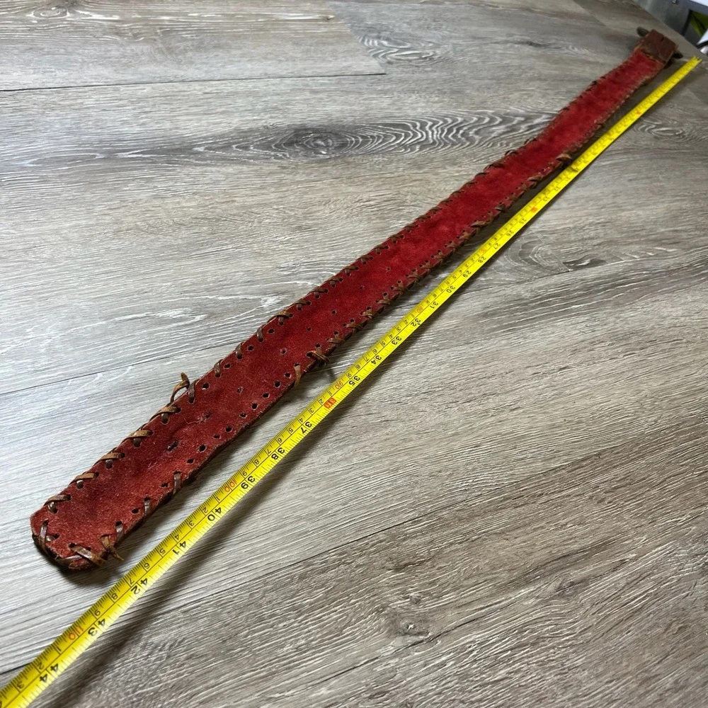 Vintage Tooled Leather Belt Womens XL Brown Red Boho Whipstitch Wood Buckle